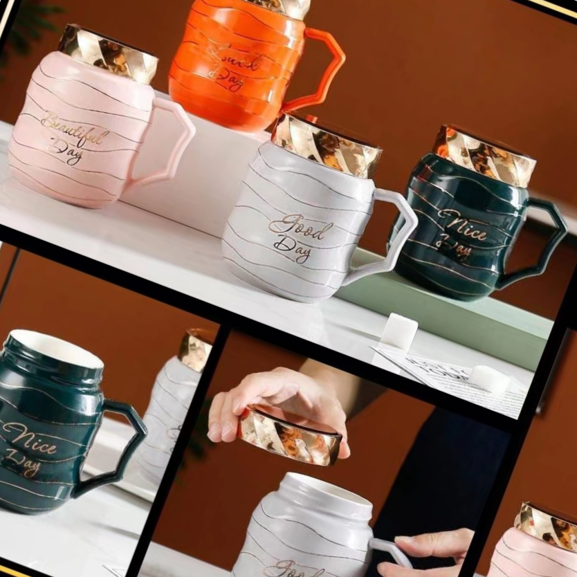 Buck Star Ceramic Cups, creative and personalized coffee cups, high-end tea cup gifts, gold-rimmed threaded water cups, mirror cups