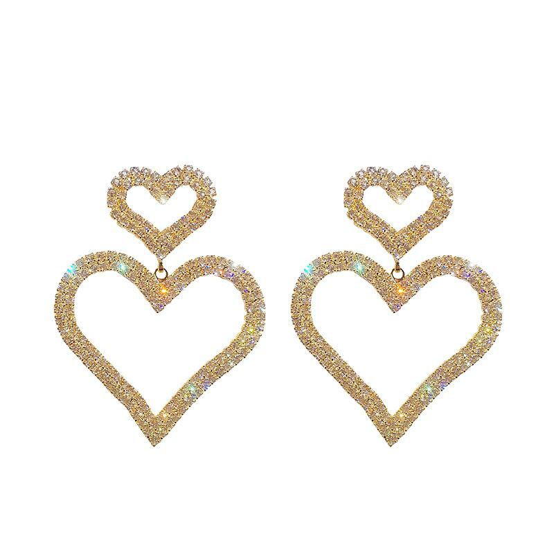 European and American light luxury water diamond claw chain welding double heart ladies' cold and exaggerated ear studs