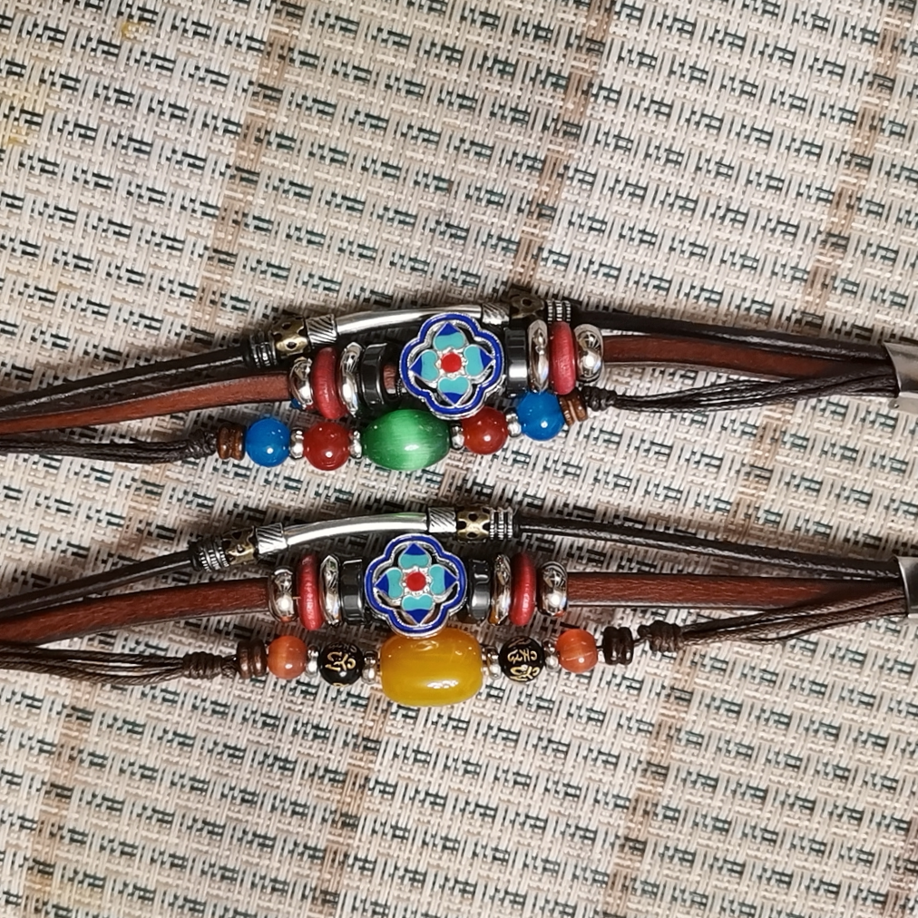 蒙古族时尚纯皮手链蓝色系新款纯手工制作天珠饰品民族风