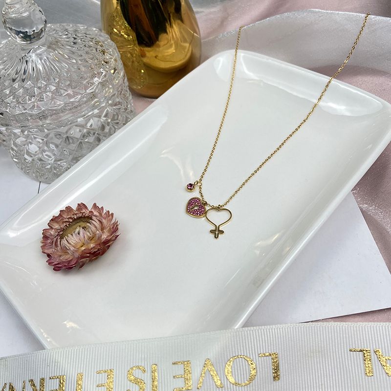 爱心镶砖挂锁钥匙吊坠钛钢项链女款锁骨链