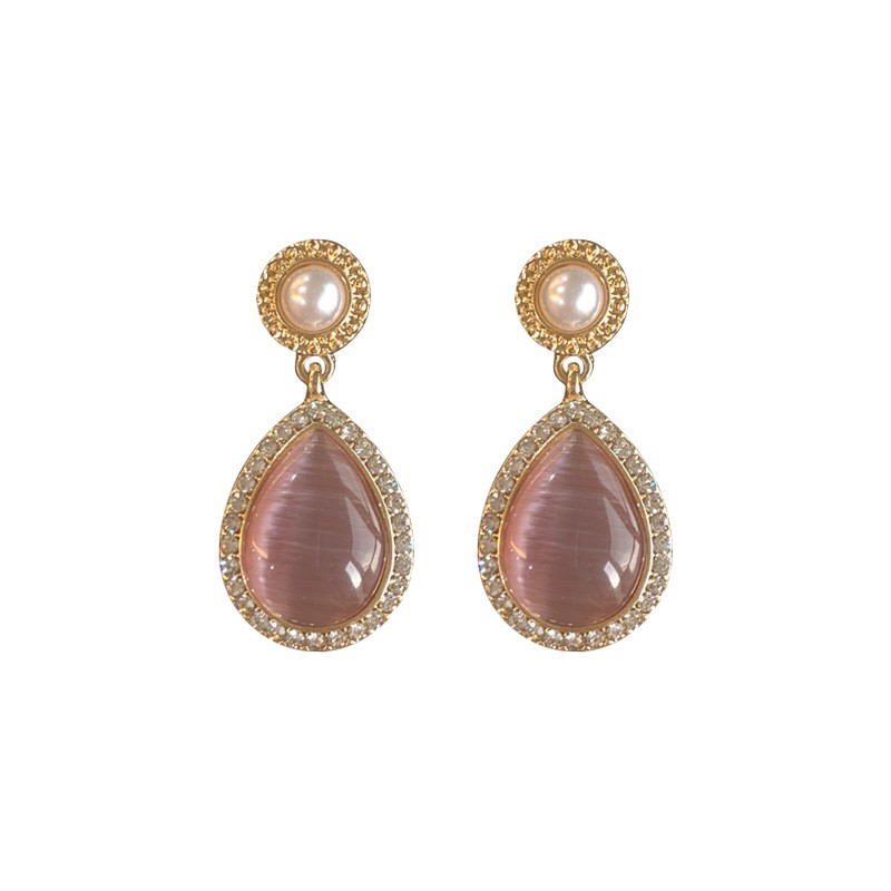 European and American fashionable alloy inlaid water diamond cat's eye stone ladies' teardrop-shaped stud earrings detail image 1