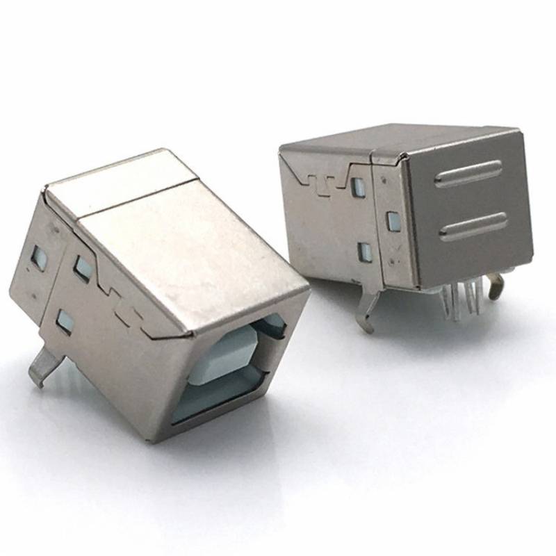 D字型方口打印机USB接口，90度弯针USB-B型USB母座连接器白底实物图