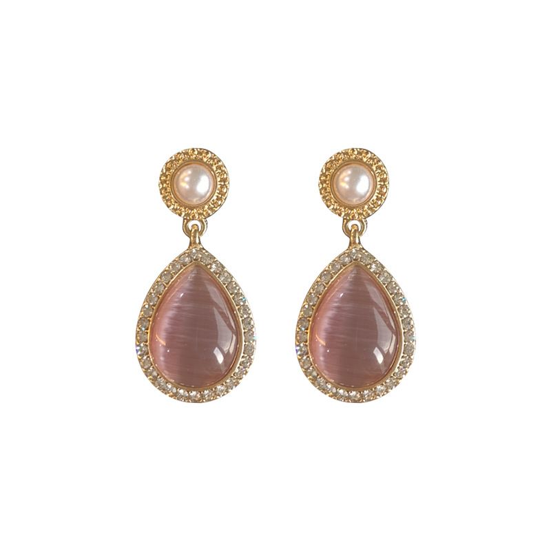 European and American fashionable alloy inlaid water diamond cat's eye stone ladies' teardrop-shaped stud earrings