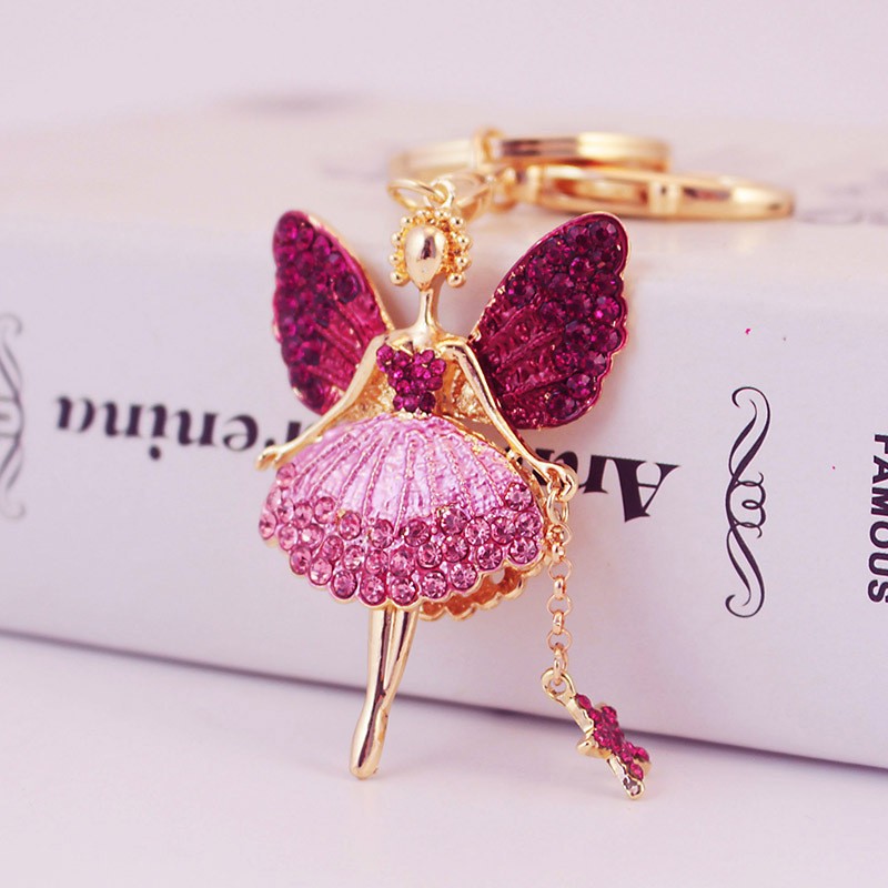 Fashionable and light luxury angel girl car keychain women's bag accessories inlaid with rhinestones detail image 1