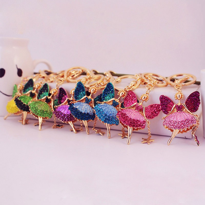 Fashionable and light luxury angel girl car keychain women's bag accessories inlaid with rhinestones detail image 3
