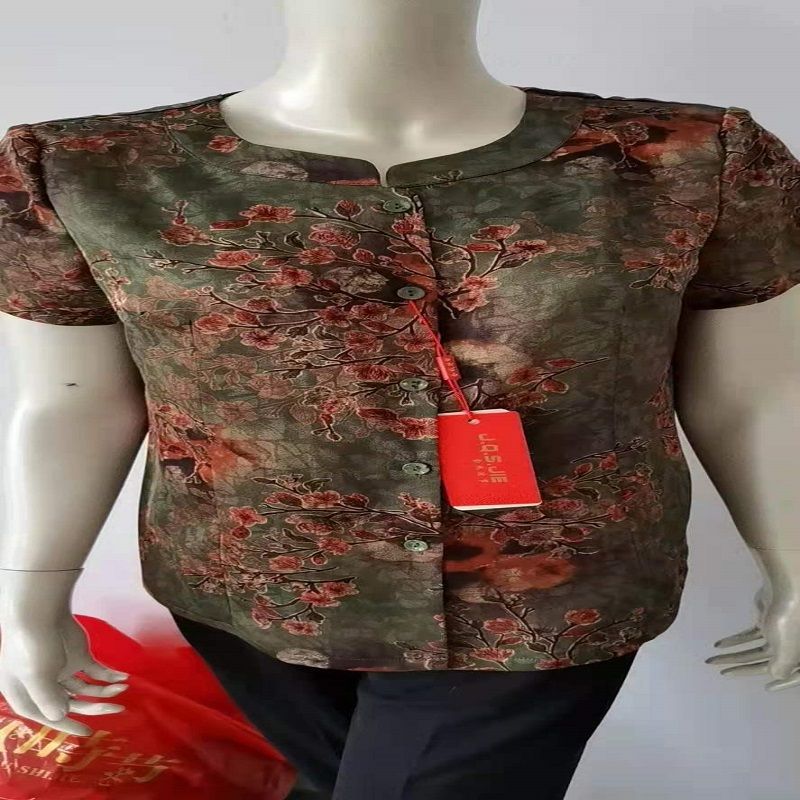 妈妈夏装衬衫50岁60中老年女装夏季短袖上衣大码老人印花衬衣开衫113