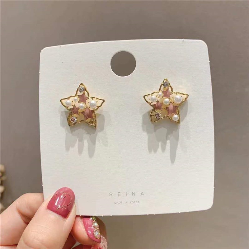 Cute golden five-pointed star alloy ring pearl earrings for petite girls detail image 2