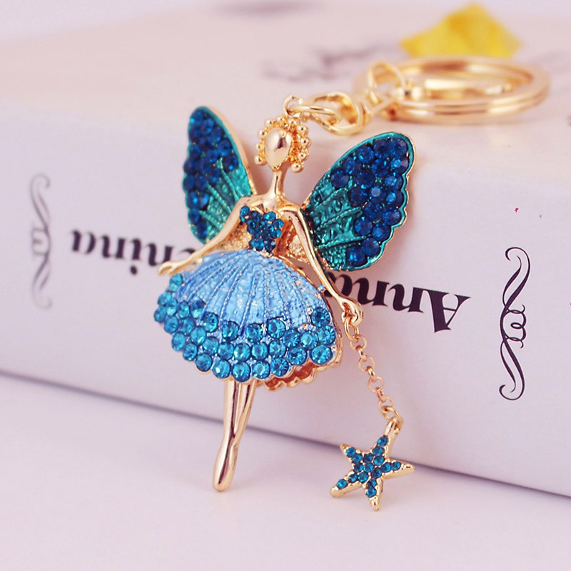 Fashionable and light luxury angel girl car keychain women's bag accessories inlaid with rhinestones detail image 2