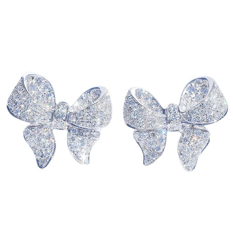 European and American fashionable, light luxury bow with rhinestones and aloof lady stud earrings