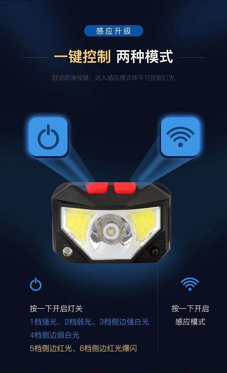 新款USB充电警示红光LED强光感应头灯 COB户外夜钓防水头灯 详情图7