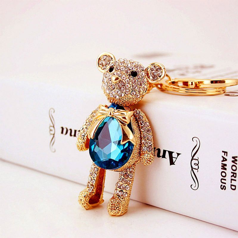 Fashionable and light luxury bear inlaid with water diamond glass crystal car keychain women's bag accessories