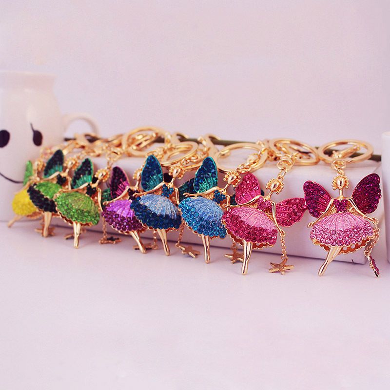 Fashionable and light luxury angel girl car keychain women's bag accessories inlaid with rhinestones