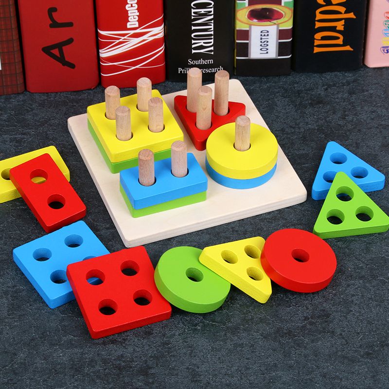 The wooden educational and cognitive toy for early childhood education is a four-column geometric set with strong fun and rich colors. It helps cultivate logical thinking ability, promotes parent-child interactive games, and exercises hand-eye coordination. It is an early childhood education and enlightenment toy companion