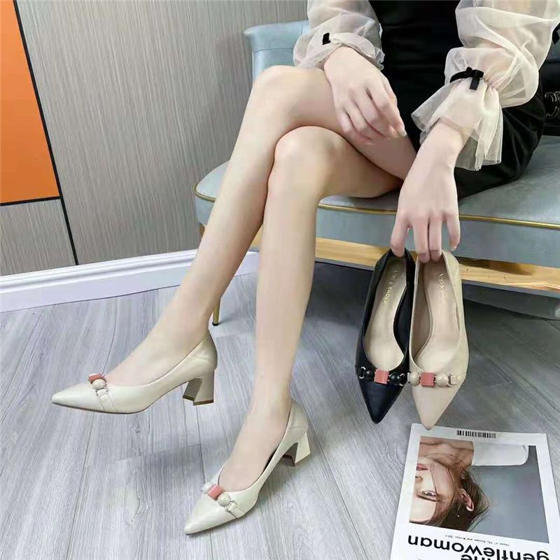 粗跟单鞋女软皮2021春季新款复古方头乐福鞋女英伦中跟高跟鞋女鞋36