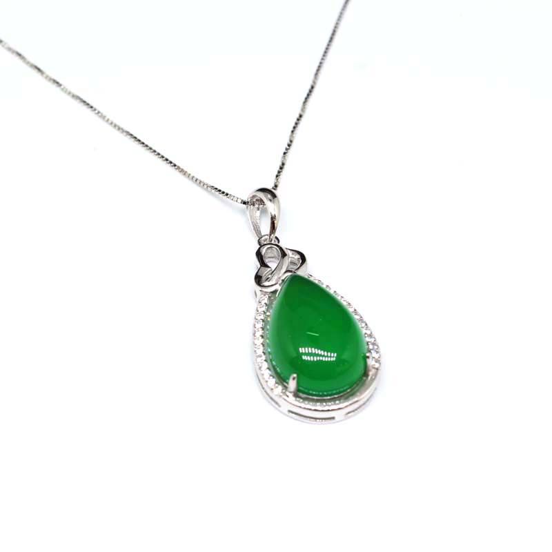 S925 Foot silver pendant green chalcedony hanging rack green agate jade jade set chain necklace gift wholesale manufacturers thumbnail
