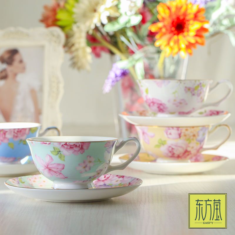 Foreign trade ceramic bone China coffee cups and saucers, high-end gifts from Dongfangying, early summer tea cups, porcelain, ceramic water sets, afternoon tea flower tea cups, black tea, country style, European style Application Scenario