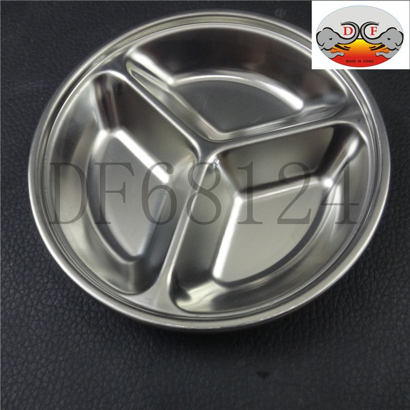 DF68124 Deep round three-compartment sauce plate, Japanese and Korean style stainless steel seasoning plate, dish plate, divided grade sauce plate, sauce plate, double-compartment three-compartment dipping sauce plate, DF Trading House