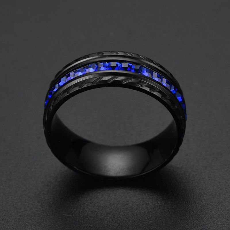 欧美时尚新款斜线贵族黑蓝色方锆石钻石戒指详情图3