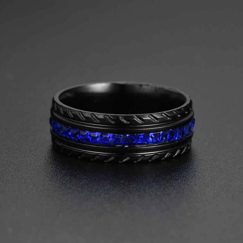 欧美时尚新款斜线贵族黑蓝色方锆石钻石戒指详情图2