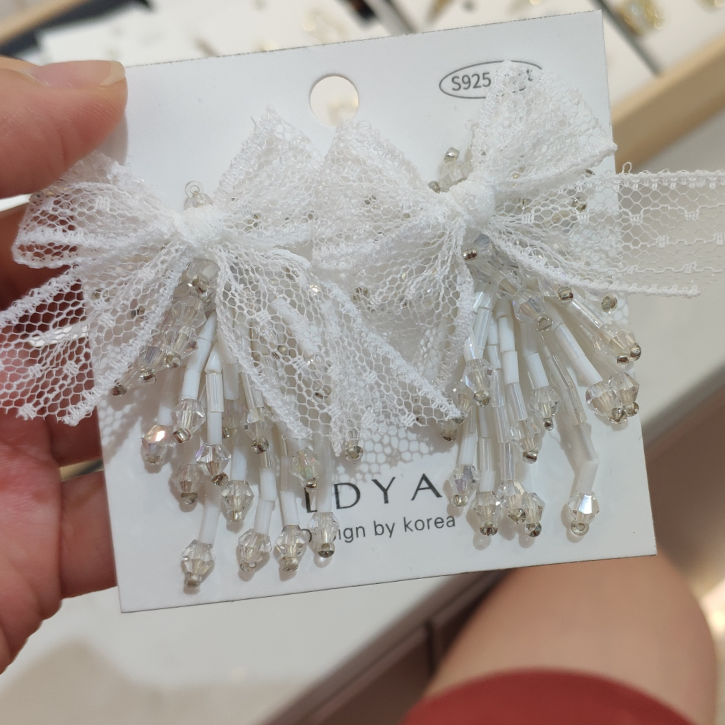韩国东大门夏日网纱蝴蝶结🎀重工珍珠的耳环女网红时髦个性珍珠耳坠水晶耳饰品