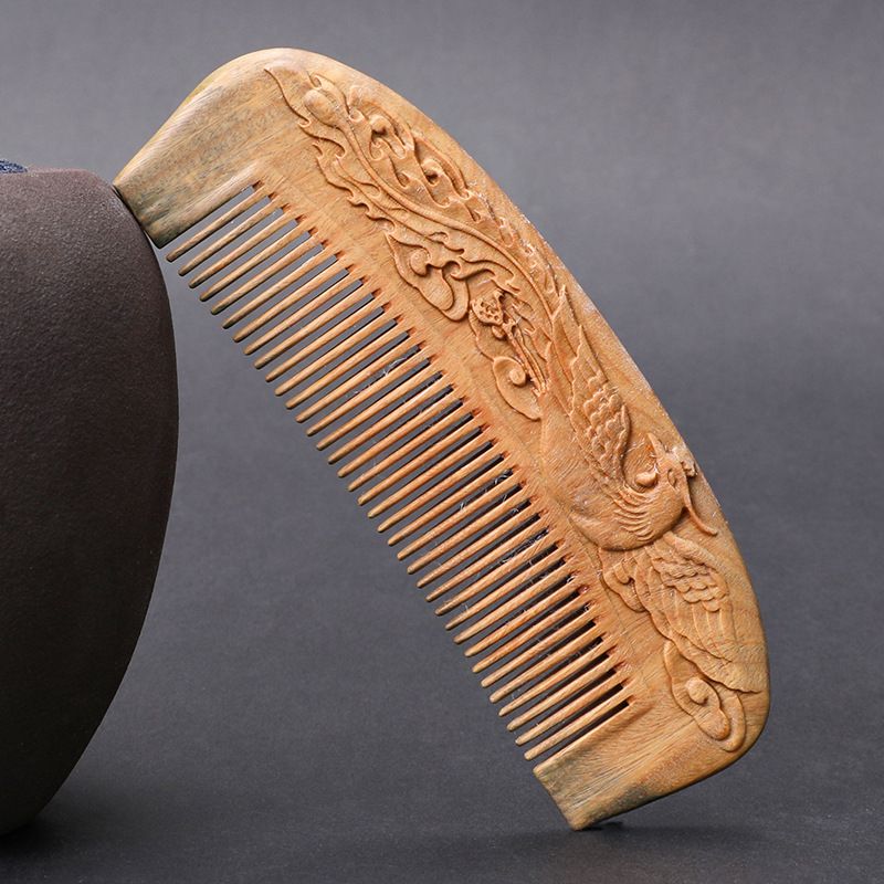 Green sandalwood double-sided carved 16 cm smooth hair comb - Style 13