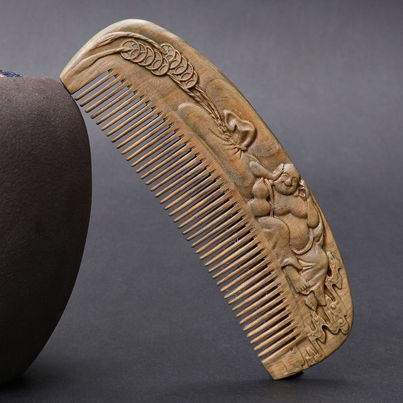 Green sandalwood double-sided carved 16 cm smooth hair comb - Style 16