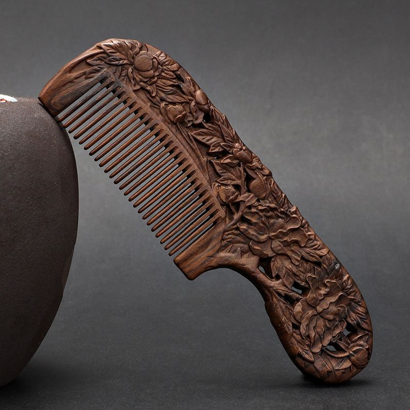 Ebony handle 18 cm double-sided carved fine-toothed comb - Style 10