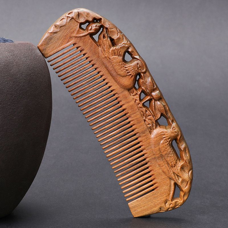 Green sandalwood double-sided carved 16 cm smooth hair comb - Style 12