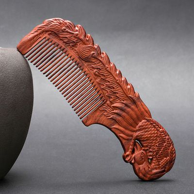 Rosewood handle 18 cm double-sided carved fine-toothed comb - Style 14