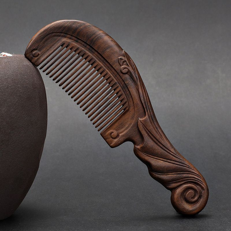 Ebony handle 18 cm double-sided carved fine-toothed comb - Style 5