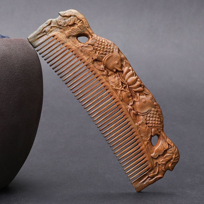 Green sandalwood double-sided carved 16 cm smooth hair comb - Style 14