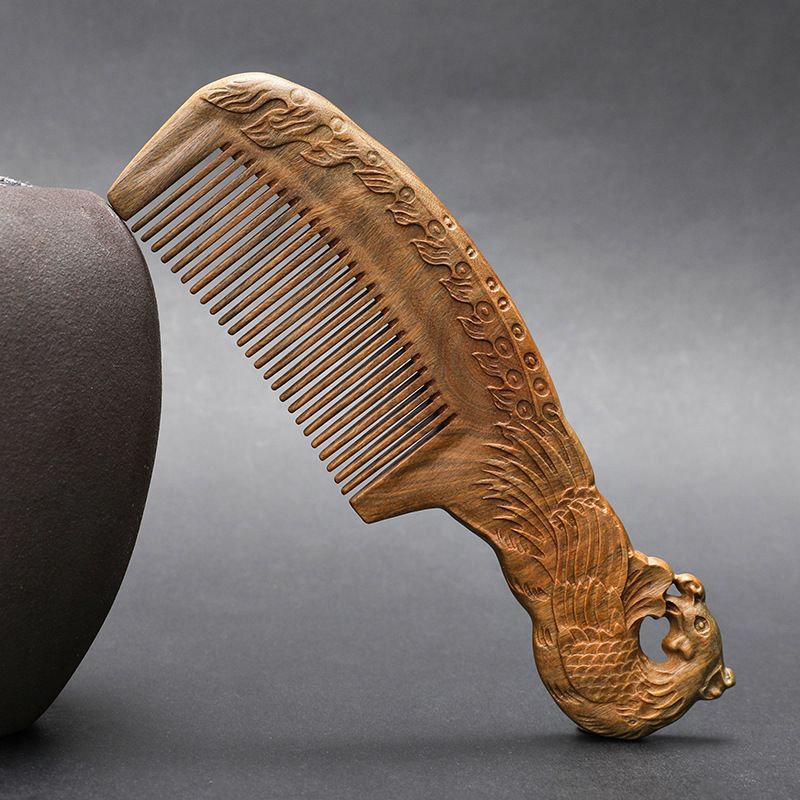 Green sandalwood handle 18 cm double-sided carved fine-toothed comb - Style 4
