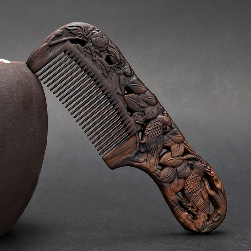 Ebony handle 18 cm double-sided carved fine-toothed comb