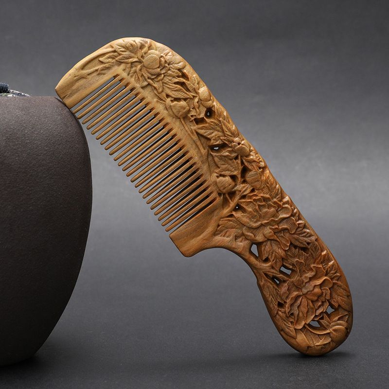 Green sandalwood handle 18 cm double-sided carved fine-toothed craft comb - Style 5