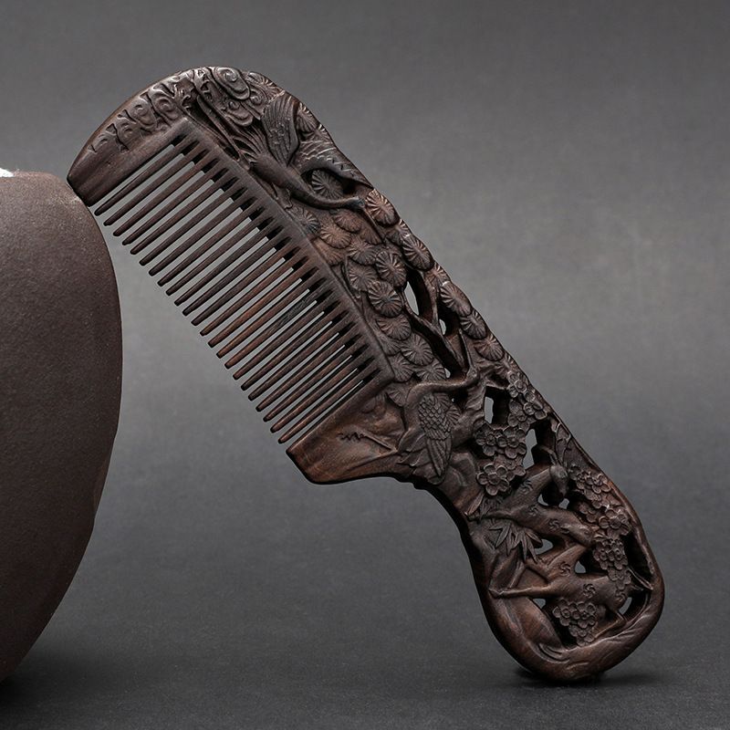 Ebony handle 18 cm double-sided carved fine-toothed comb - Style 12