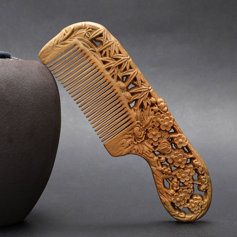 Green sandalwood handle 18 cm double-sided carved fine-toothed craft comb - Model 7