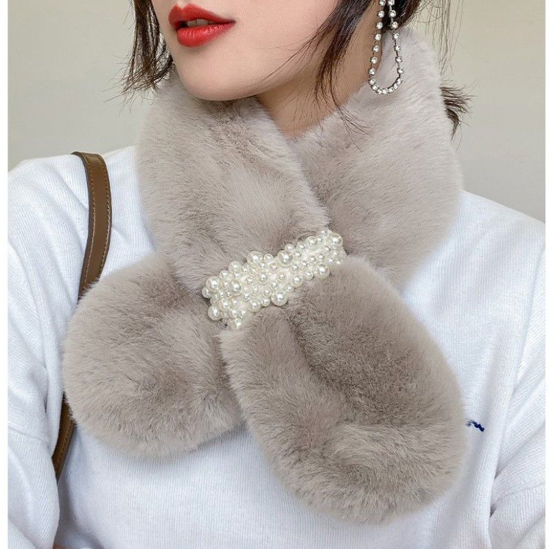 Jane Eyre Silk Thread Pearl Fur collar scarf, winter Korean version warm scarf for women, versatile and cute imitation rex rabbit fur 3218 Specification image