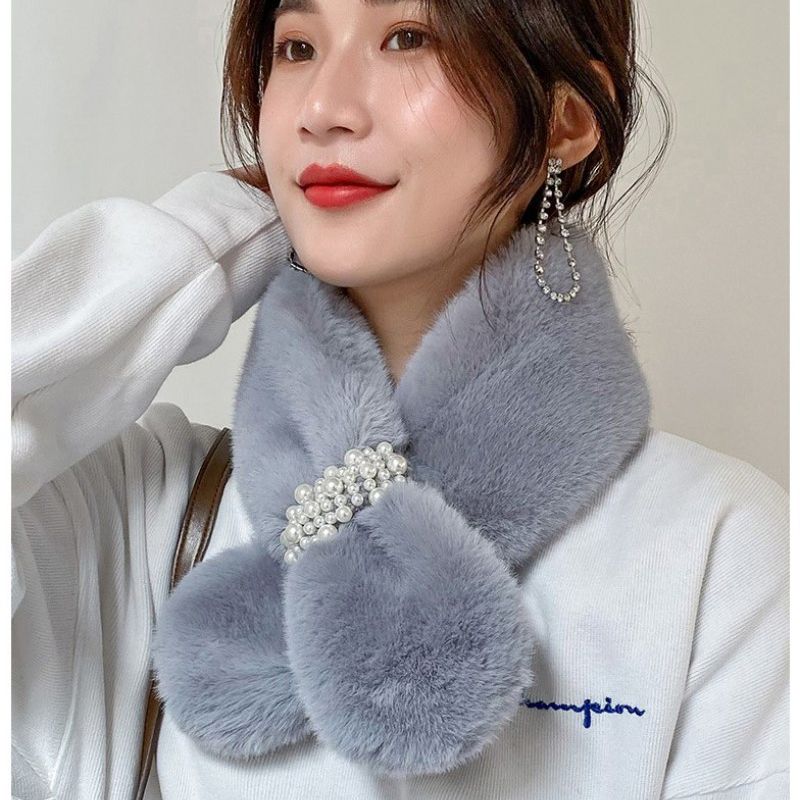 Jane Eyre Silk Thread Pearl Fur collar scarf, winter Korean version warm scarf for women, versatile and cute imitation rex rabbit fur 3218 details Picture