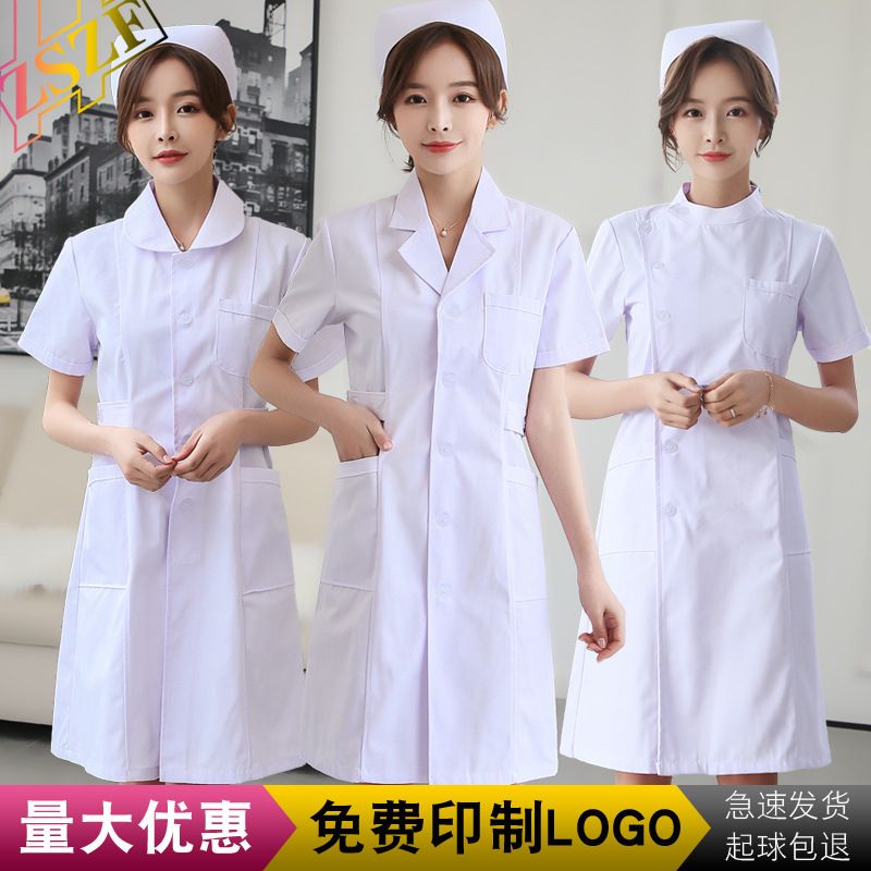 Mid-length nurse uniform sets, spring and summer short-sleeved women's white coats, long and short-sleeved beauty salon work clothes, labor protection clothes details Picture