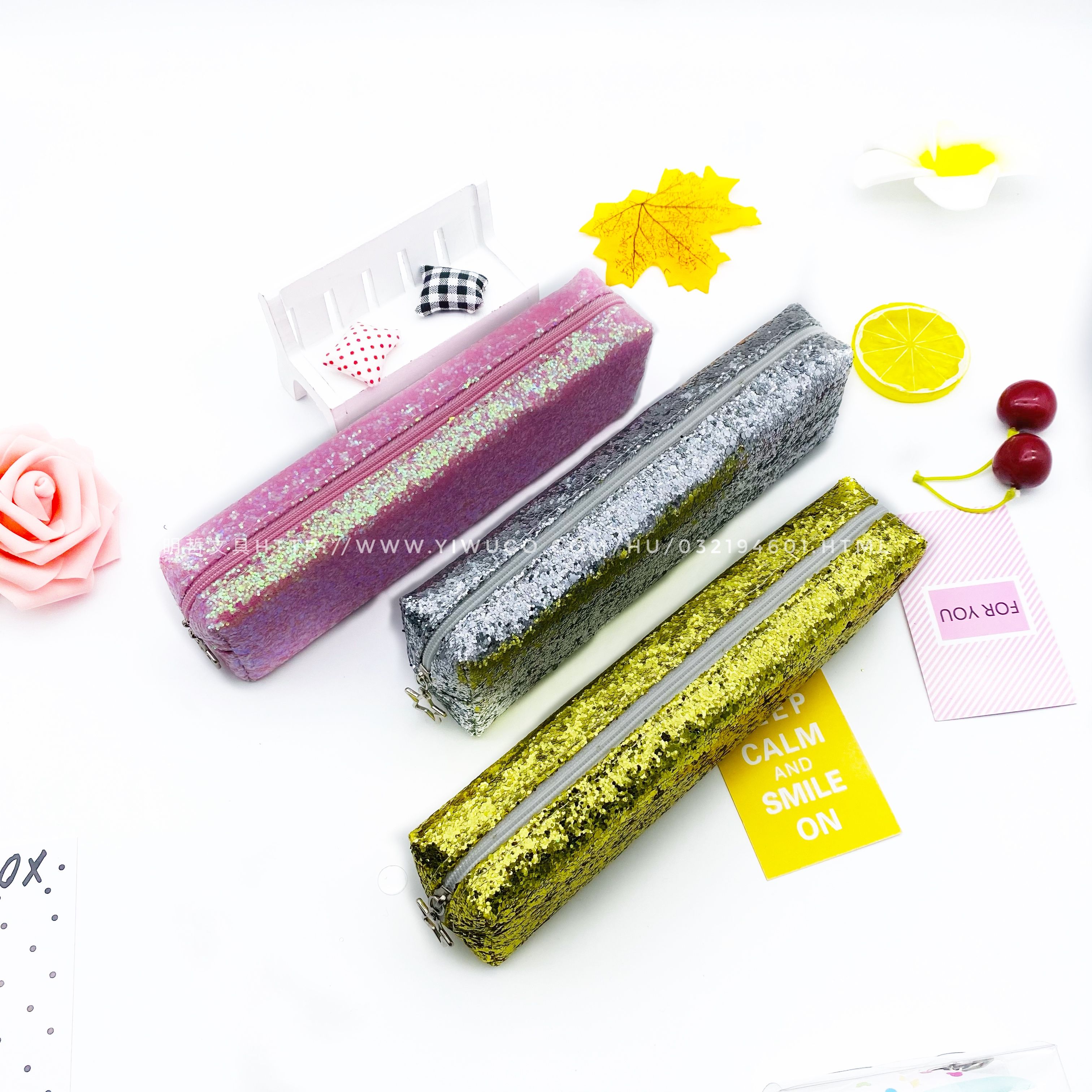 Pu Glittering Sequined Octagonal Pen Case Student Storage Bag Specification drawing