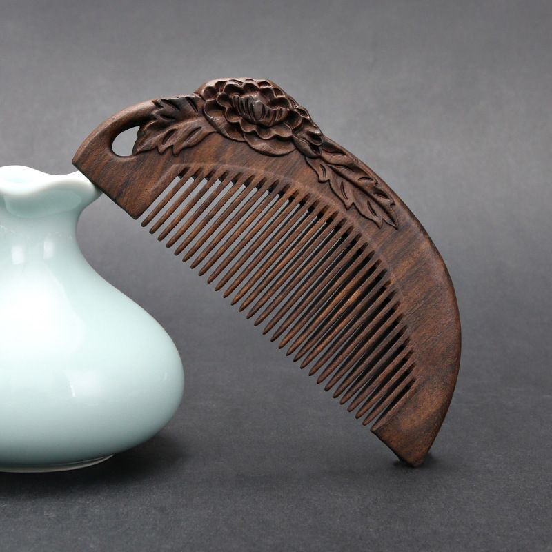 Ebony double-sided carved 14 cm smooth hair comb - Style 2