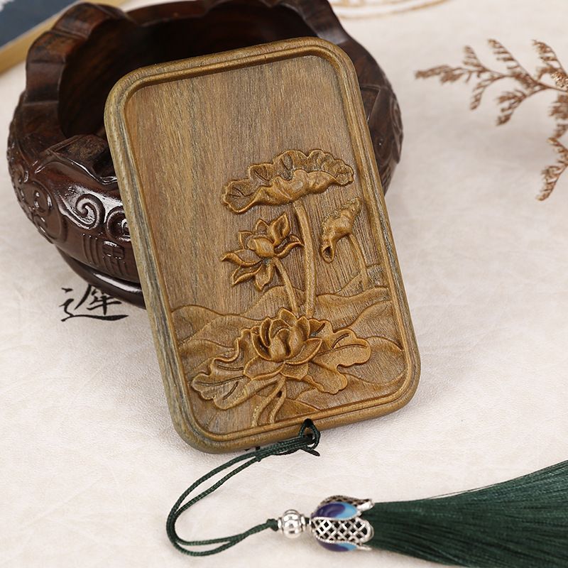 Portable square makeup mirror with green sandalwood carvings, lotus pond