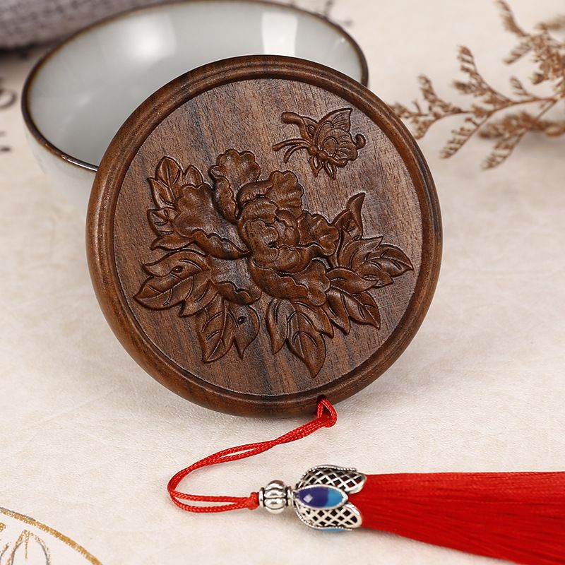 Chenguibao Carved portable round makeup mirror peony