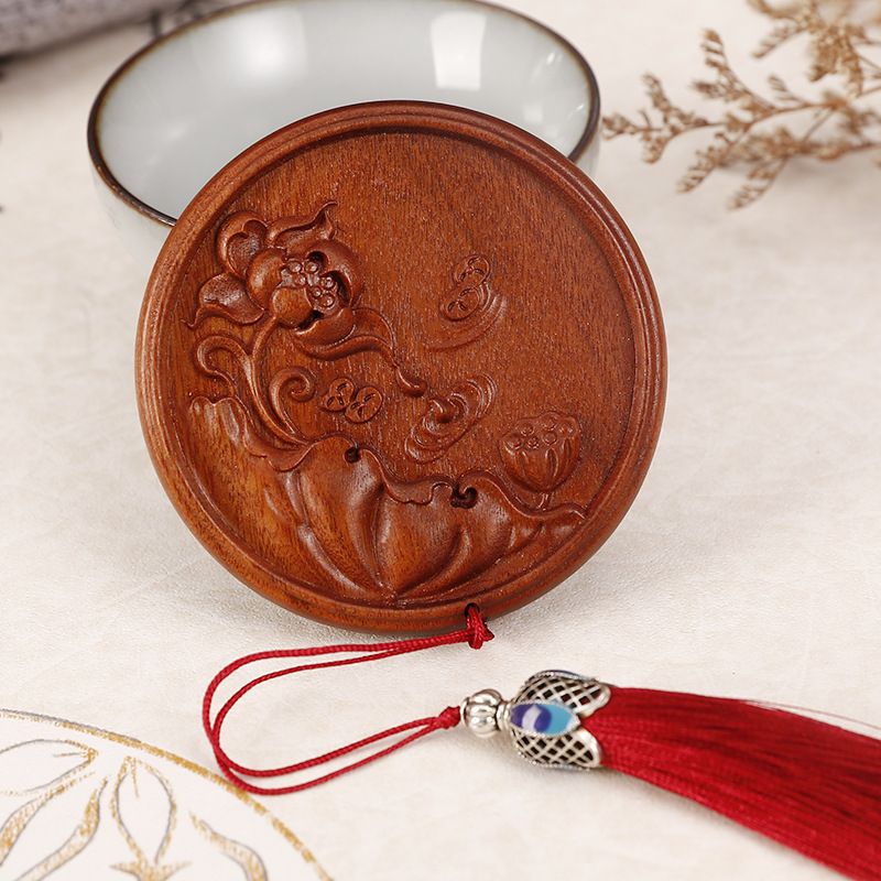 Non-acid carved portable round makeup mirror Lotus Ripple