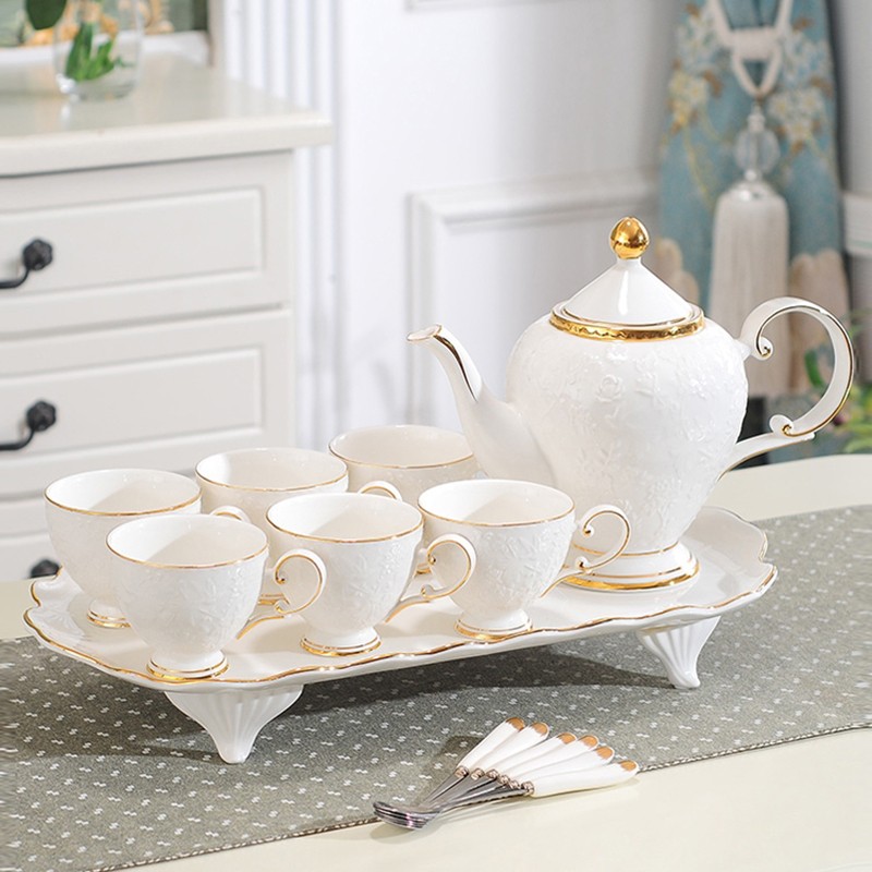 Ceramic water sets, ceramic tea sets, ceramic cups, ceramic kettles, ceramic trays, coffee sets, tea sets, water sets, gifts, rose tea cups, white relief detail image 3