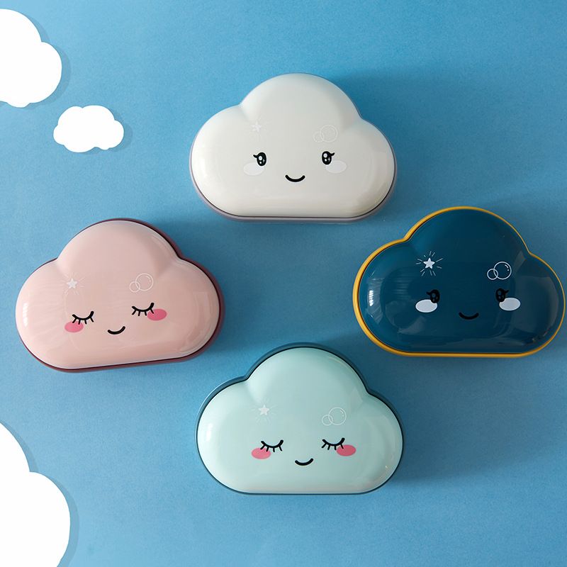 Creative cartoon cute cloud soap box, home bathroom draining soap box with lid, soap rack, double-layer soap box full figure