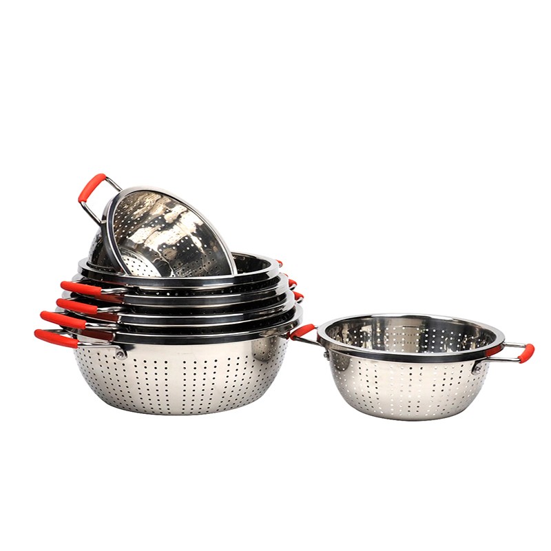 Stainless steel thickened double-handled small hole fruit basket, vegetable washing basin, draining basket, multi-purpose kitchen basket detail image 7