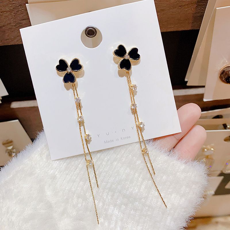 S925 Silver Needle Zircon Earrings A Pair Of Wear Leaf Tassel Earrings Female Super Fairy Temperament High-Grade Love Earrings Specification drawing