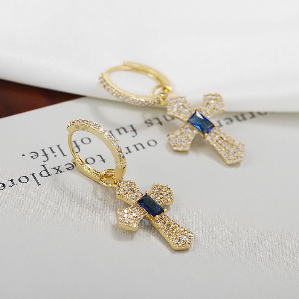 New cross-border sapphire cross earrings with micro-inlaid European and American style earrings that do not fade
