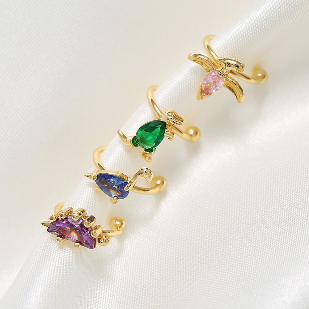 Zirconium small dinosaur ear bone copper gold-plated jewelry without ear holes, small animal earrings that do not fade Specification image